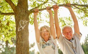 Elderly couple swinging on a tree branch