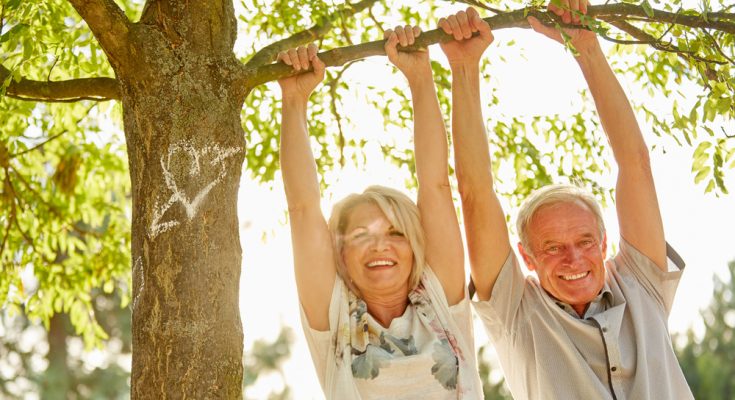 Elderly couple swinging on a tree branch